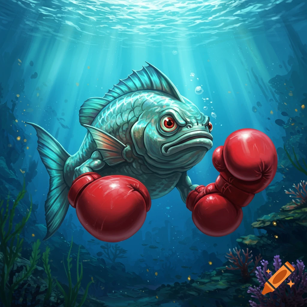 An angry cartoonish fish with red boxing gloves swims in the ocean, with coral and plants on the seabed.