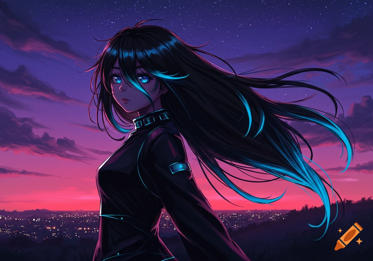 An anime girl with black hair and glowing blue highlights stands against a vibrant purple and pink starry twilight sky, overlooking a city at night.