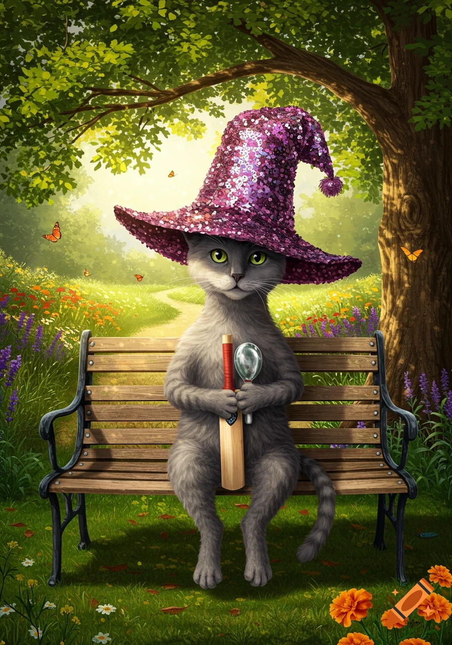 A gray cat in a sparkling purple wizard hat sits on a park bench holding a wooden bat and a spoon, surrounded by flowers and trees.
