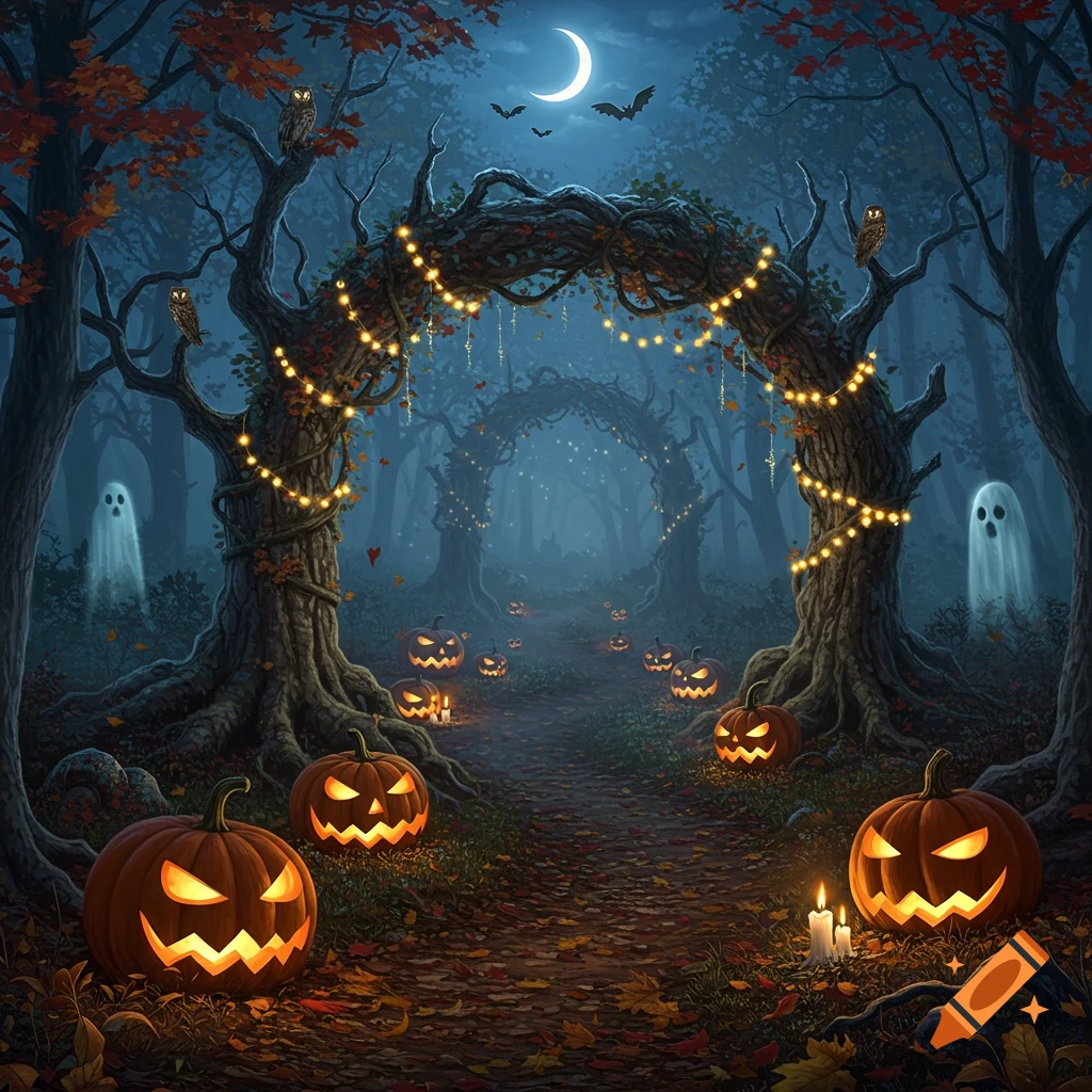 A spooky Halloween forest path at night with glowing jack-o'-lanterns, ghosts, and arching trees draped in string lights under a crescent moon.