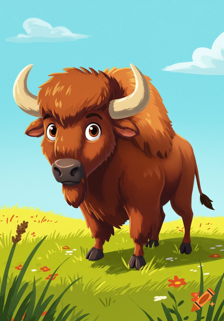 A cute cartoon buffalo with large horns stands in a vibrant green field under a bright blue sky.