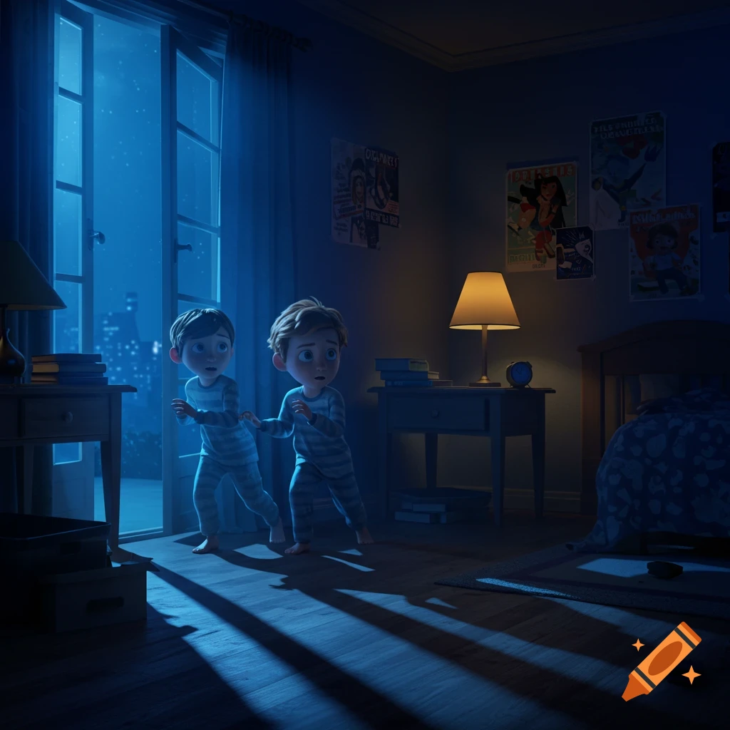 Two animated young boys in pajamas sneak out of a moonlit bedroom at night, casting long shadows on the floor.