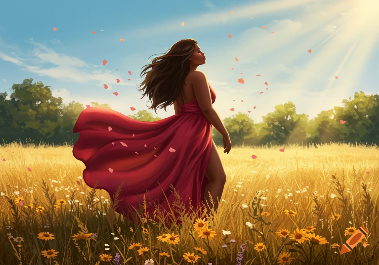 An illustrative woman in a flowing red dress stands in a sunlit wildflower field with falling petals.