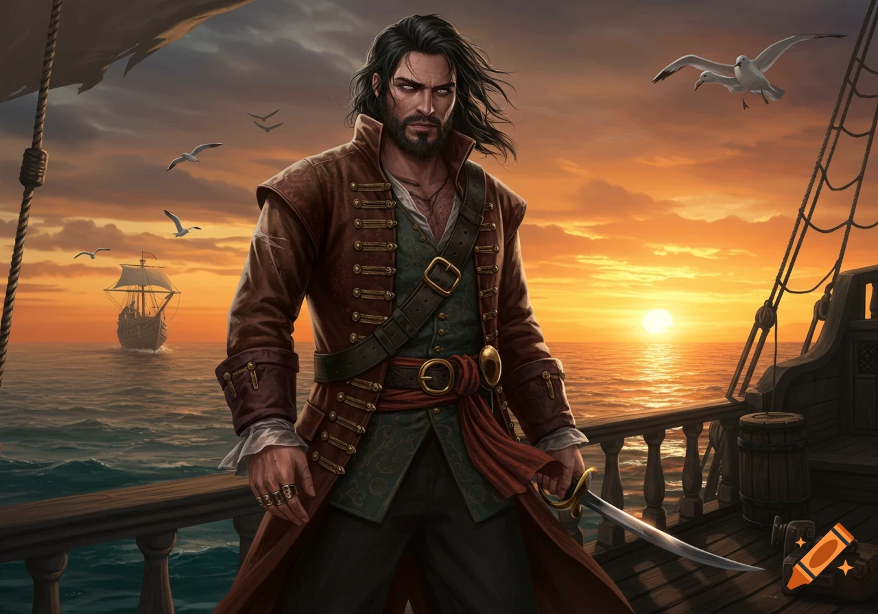 A rugged pirate stands on a ship deck at sunset, holding a cutlass, with a distant ship and seagulls in the sky. Fantasy art style.