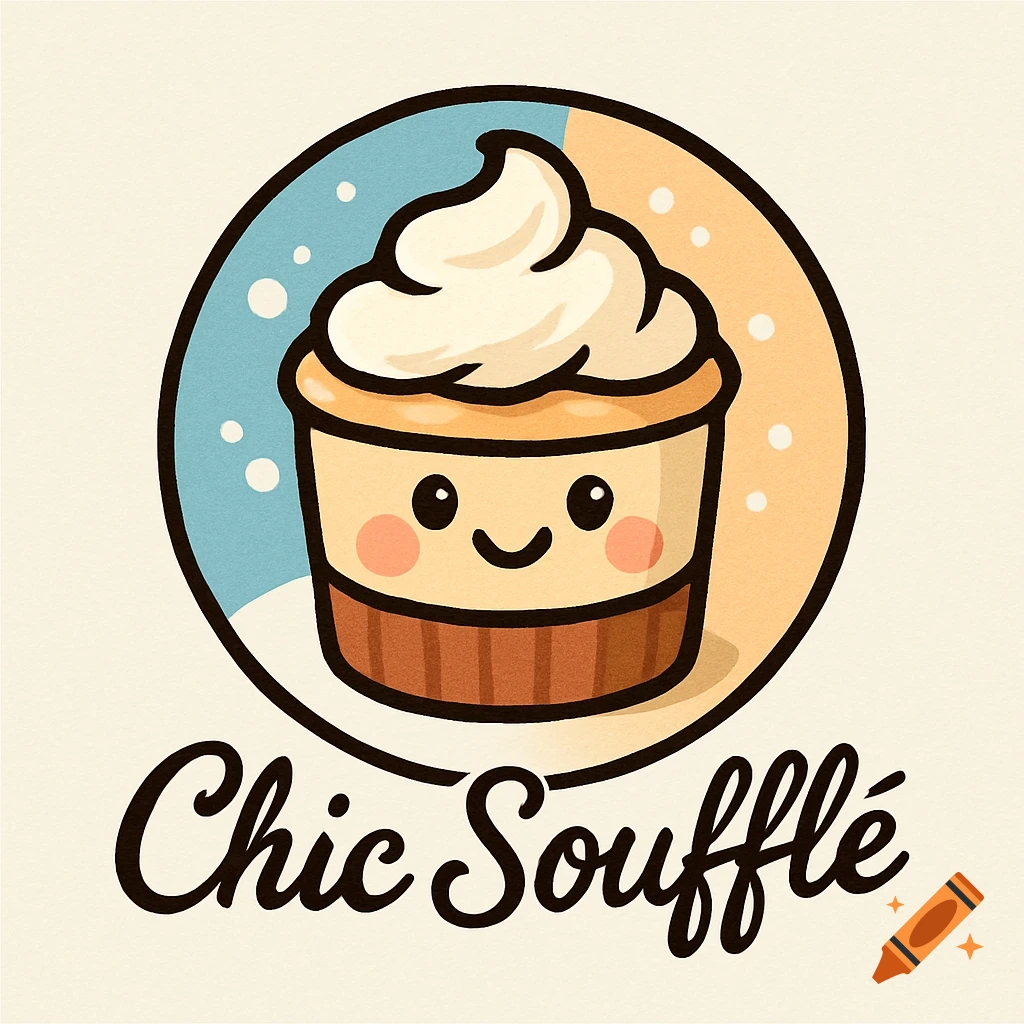 A cute cartoon logo of a smiling cupcake with whipped topping in a split blue and beige circular frame, with "Chic Soufflé" text below.