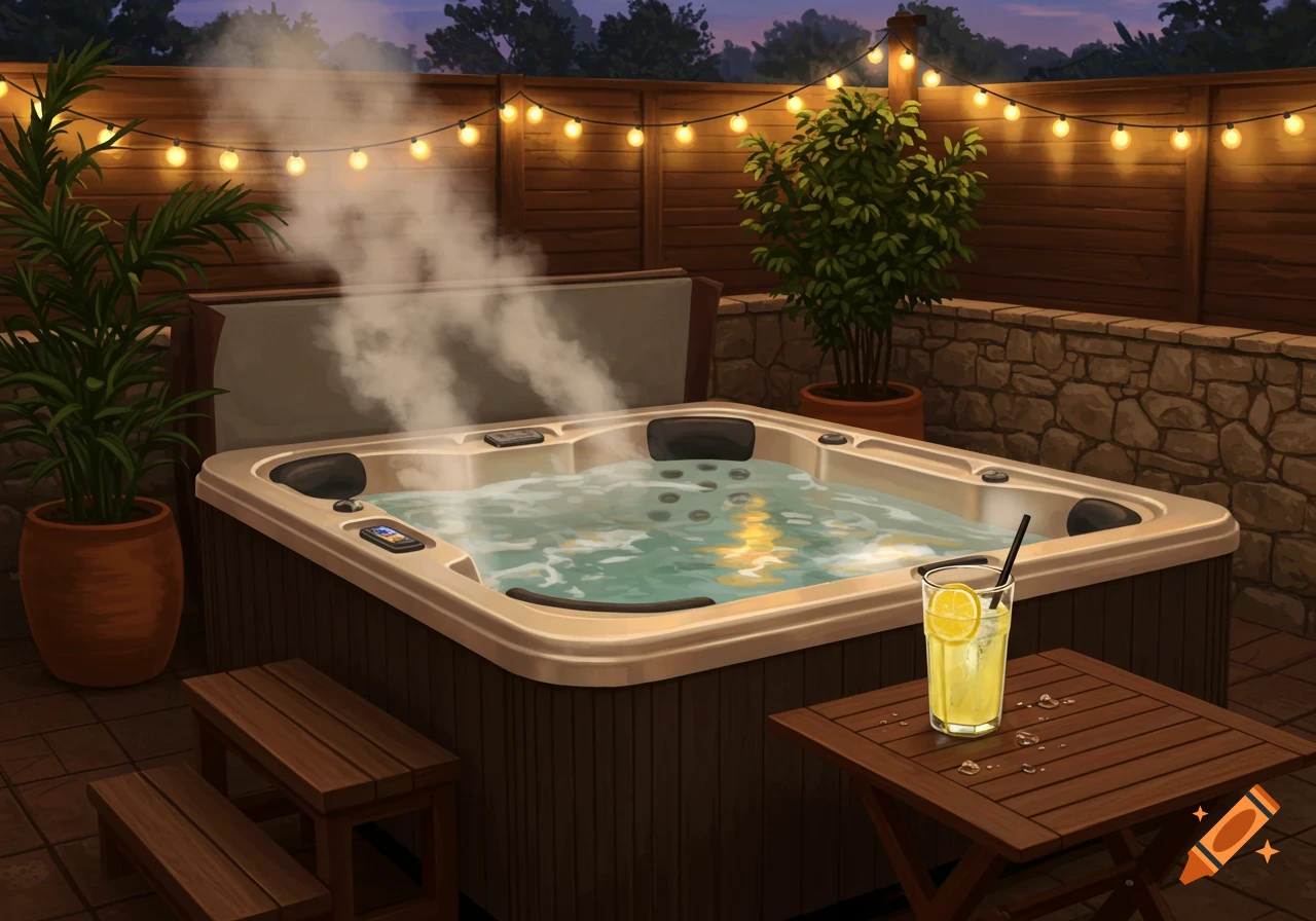 A steaming hot tub on a patio at dusk, illuminated by string lights, with a glass of lemonade on a wooden table.