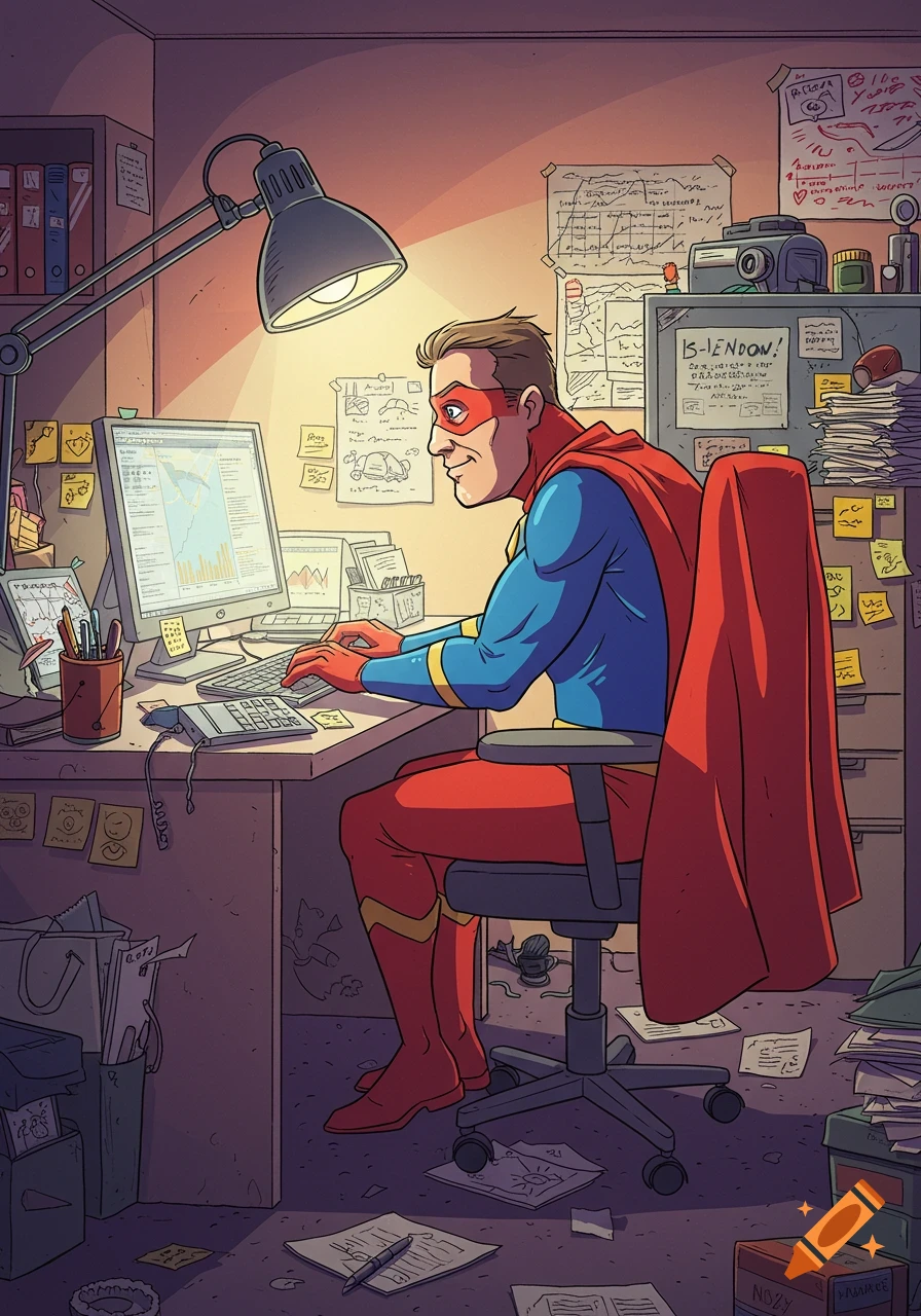 Cartoon superhero in a blue and red suit working at a messy computer desk under a bright lamp.