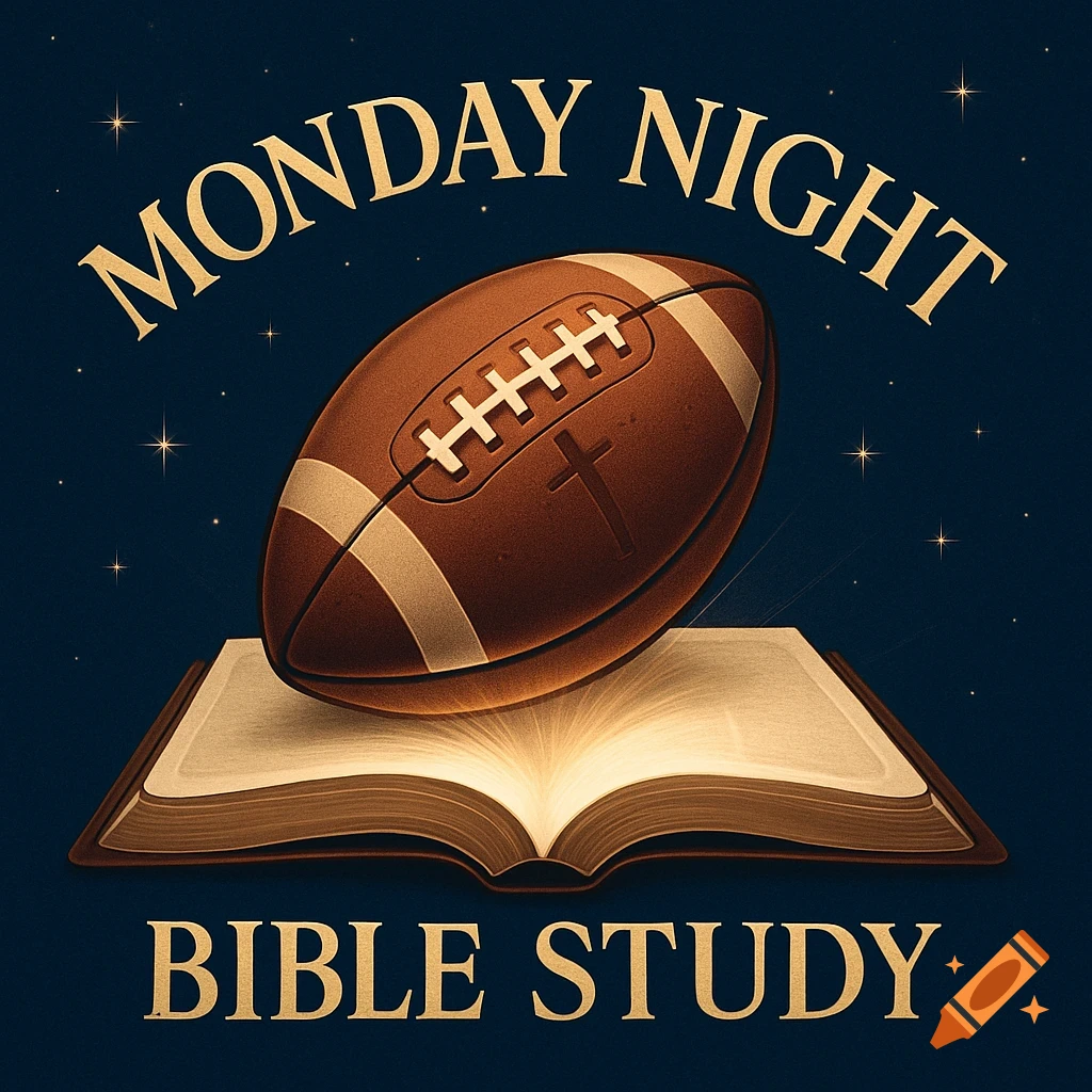Illustrated logo featuring a football resting on an open bible, with 'MONDAY NIGHT BIBLE STUDY' text.