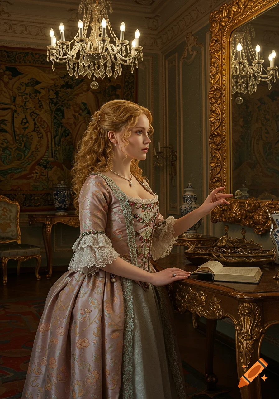 A young woman with curly blonde hair in an elegant pink and blue historical dress stands in an ornate, opulent room with a chandelier and large mirror.