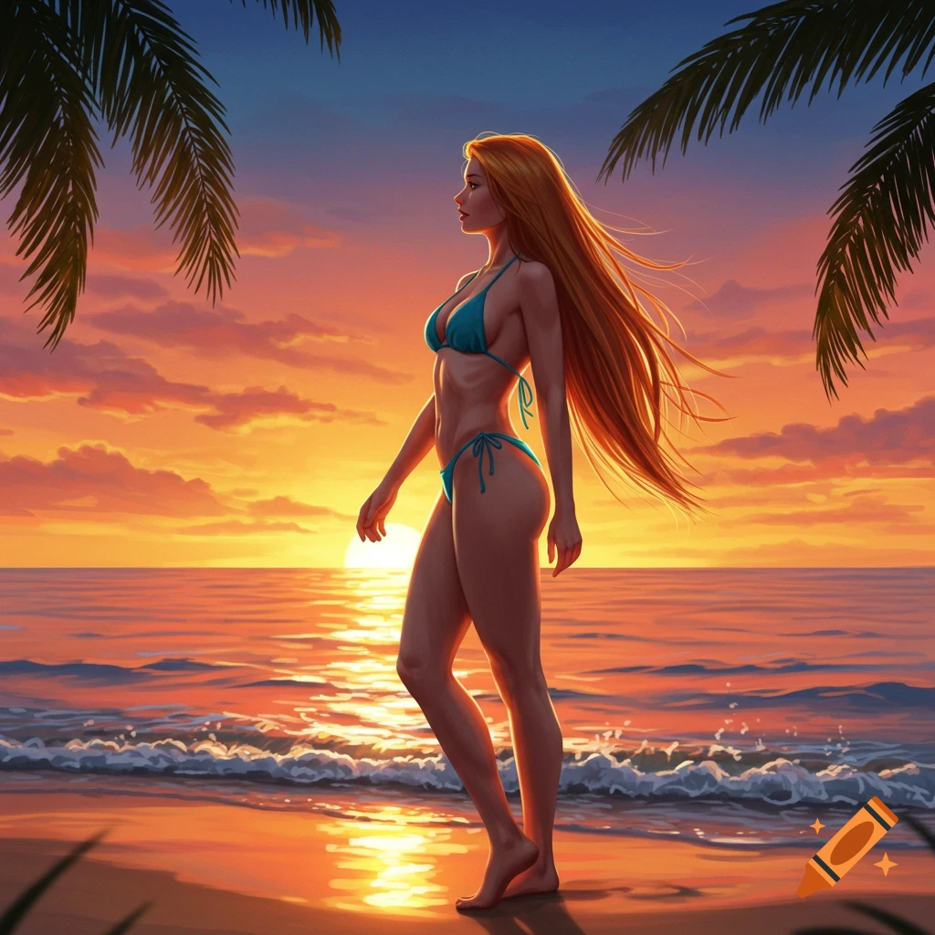 Athletic young woman with long red hair in a teal bikini walks on a beach at sunset with palm fronds overhead.