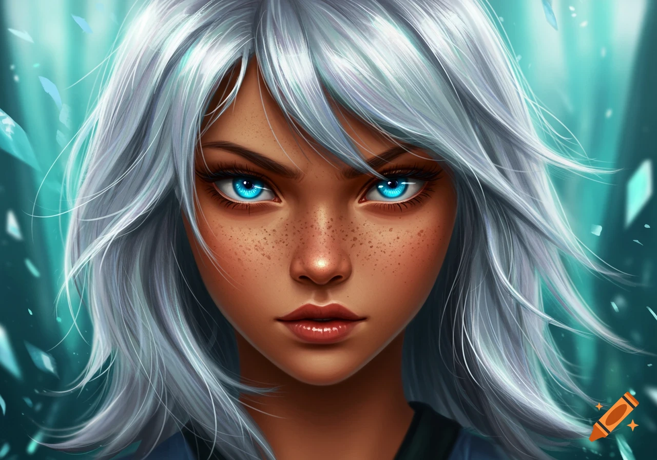 Close-up digital painting portrait of a girl with tanned skin, silver hair, freckles, and intense glowing blue eyes.