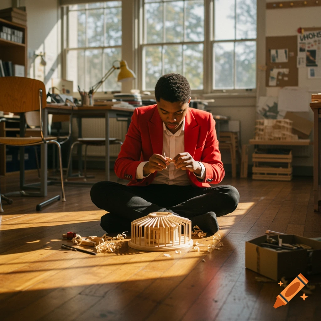 A young man in a red blazer sits on a wooden floor, meticulously crafting a wooden architectural model in a sunlit studio.
