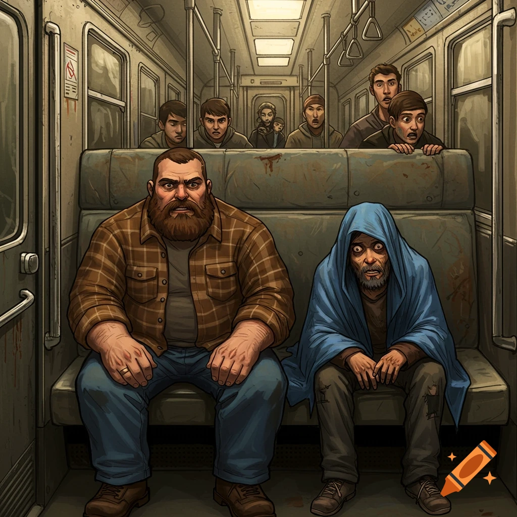 A stocky bearded man sits on a dirty train next to a man wrapped in a blue tarp, while other passengers watch in horror.
