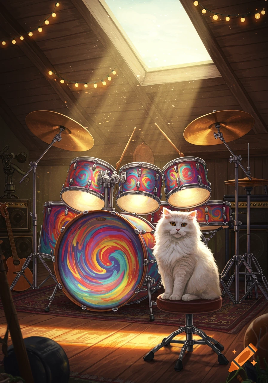 White fluffy cat sits on a stool in front of a colorful drum kit in a sunlit attic room with fairy lights.