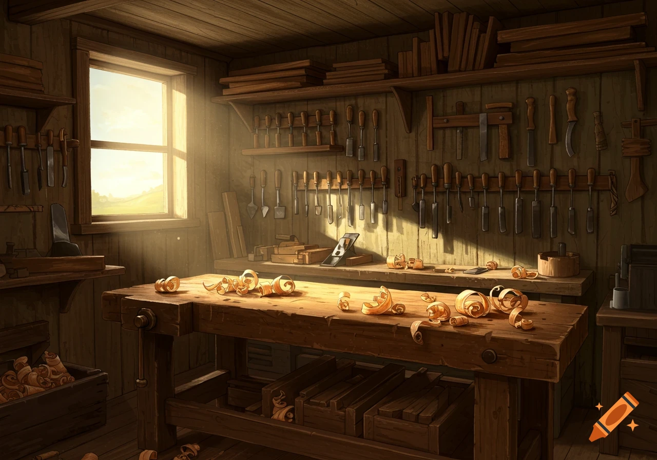 A rustic woodworking shop with sunlight streaming through a window, illuminating a workbench covered in wood shavings and tools on the walls.