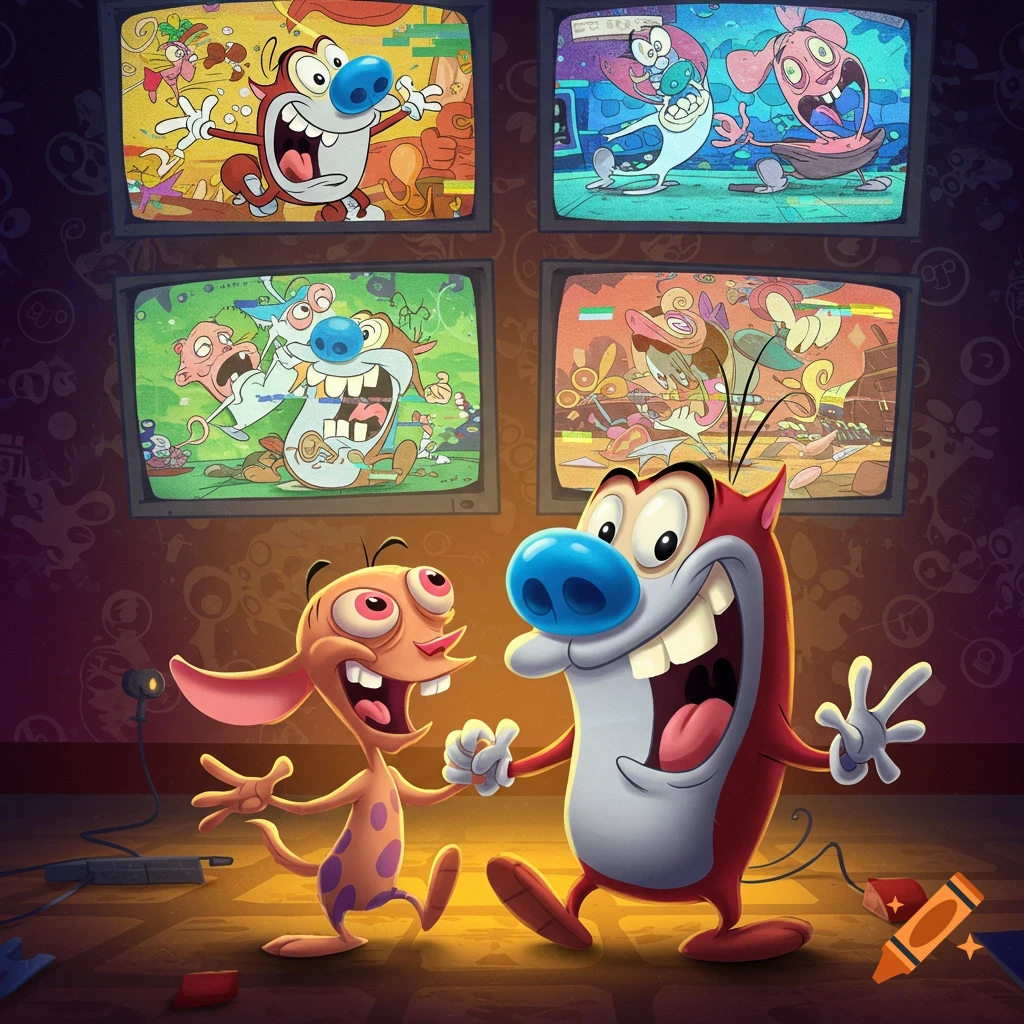 Ren and Stimpy, two cartoon characters, smile in front of four glitchy TV screens showing scenes from their show.
