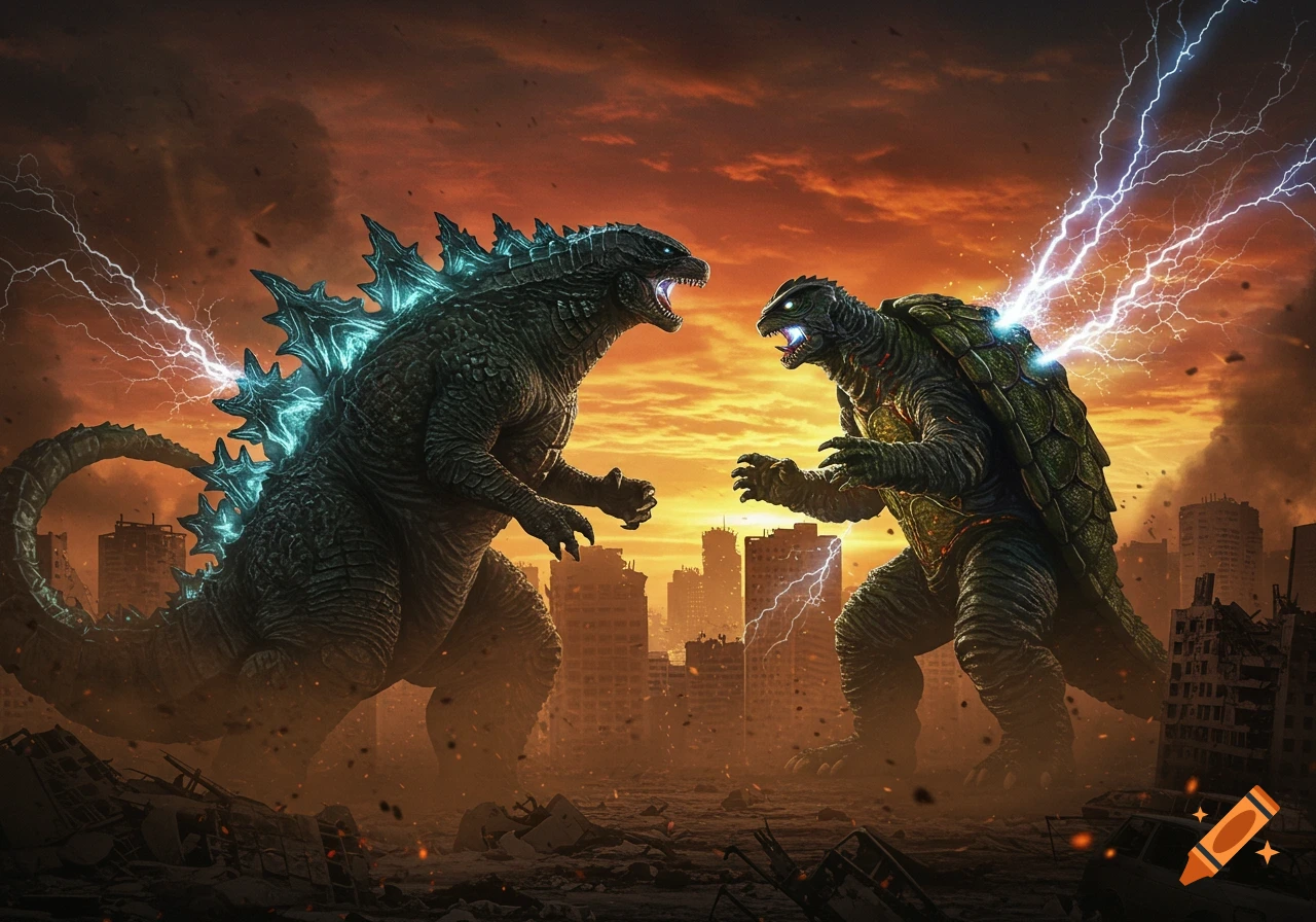 Photorealistic image of Godzilla and Gamera facing each other in a ruined city with lightning under an orange sky.