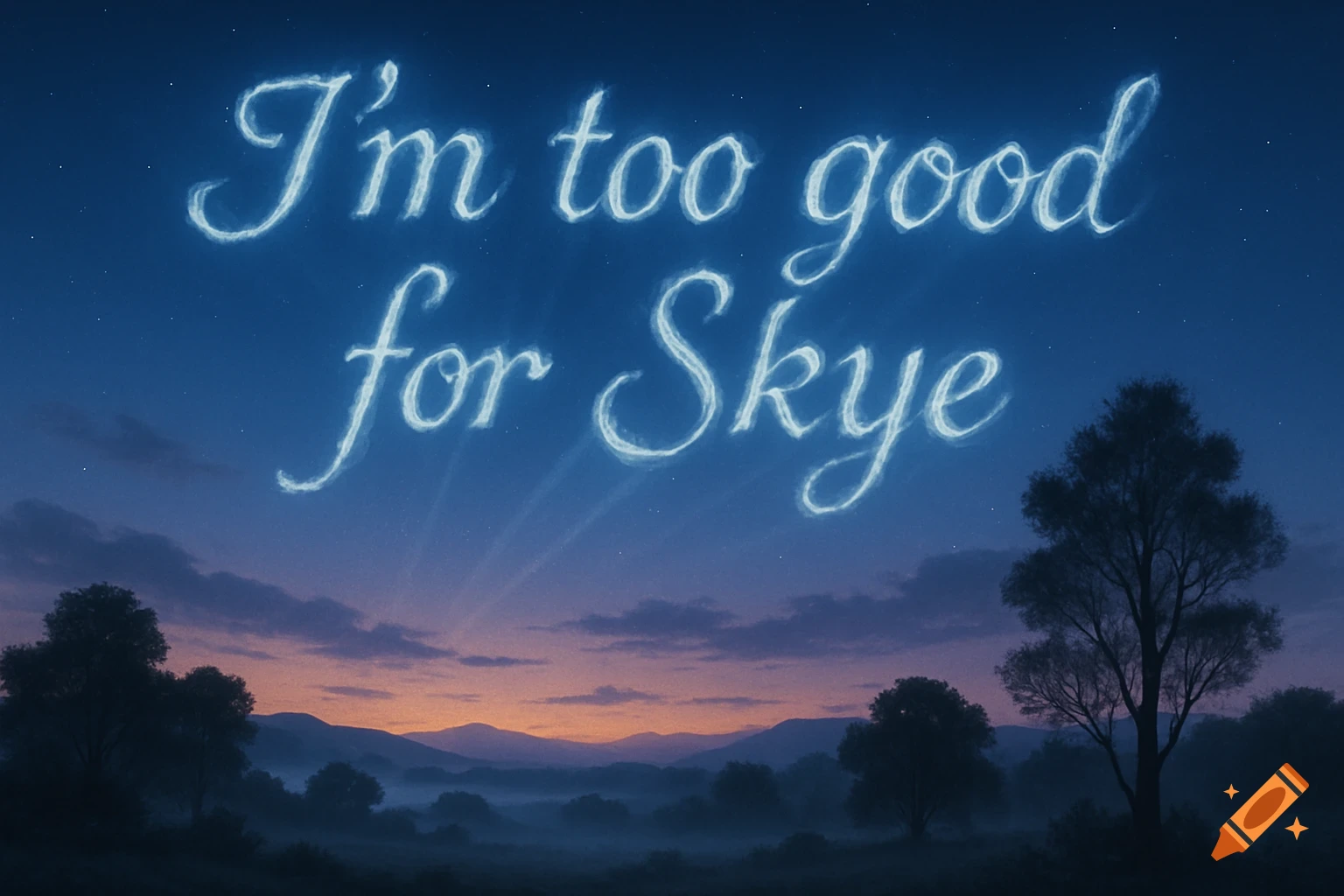 White, cloud-like letters spell "I'm too good for Skye" across a dark blue twilight sky with stars, above a misty landscape of silhouetted trees and mountains.