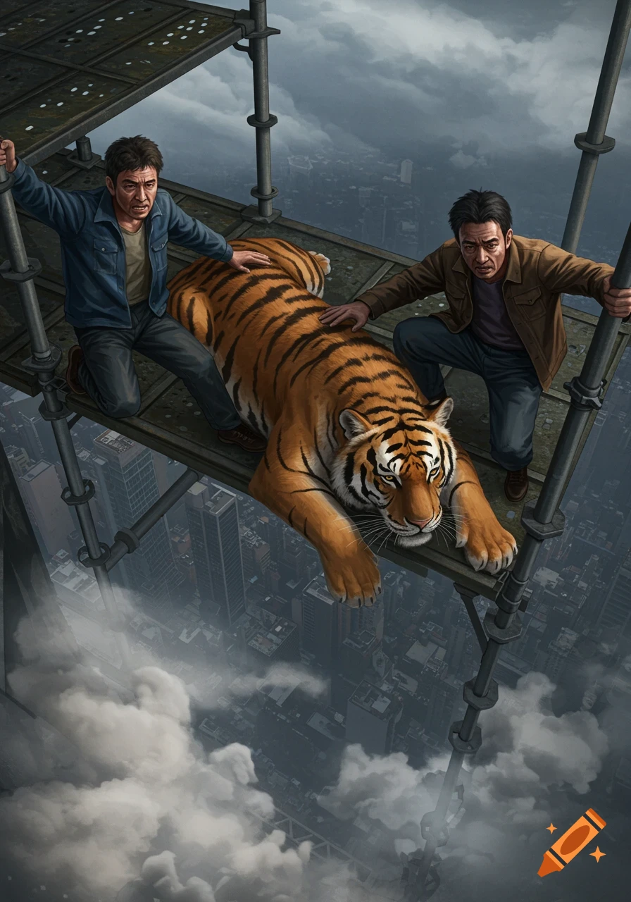 Two worried men and a large tiger on scaffolding high above a cloud-shrouded cityscape.