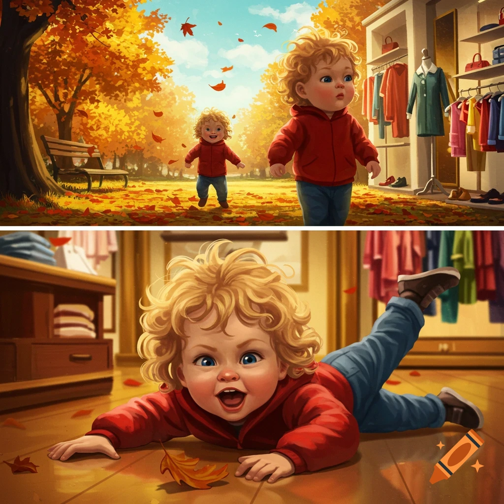 A diptych of two illustrated scenes with a blonde-haired toddler. Top: A toddler in a red jacket walks through an autumn park with falling leaves, a shop visible in the background. Bottom: The same toddler lies on the floor inside a shop, smiling, with a fallen leaf nearby.