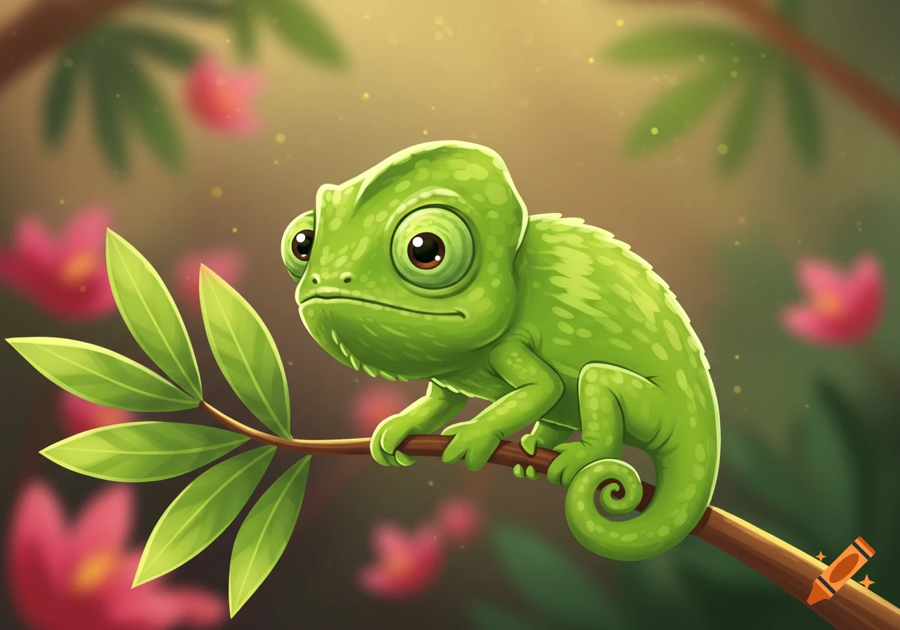 A cute, bright green baby chameleon with large eyes perches on a leafy branch in a cartoon style.