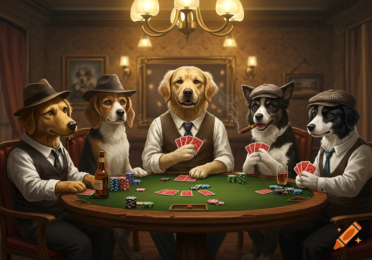 Five anthropomorphic dogs in vests and hats play poker at a green felt table in a dimly lit, ornate room.