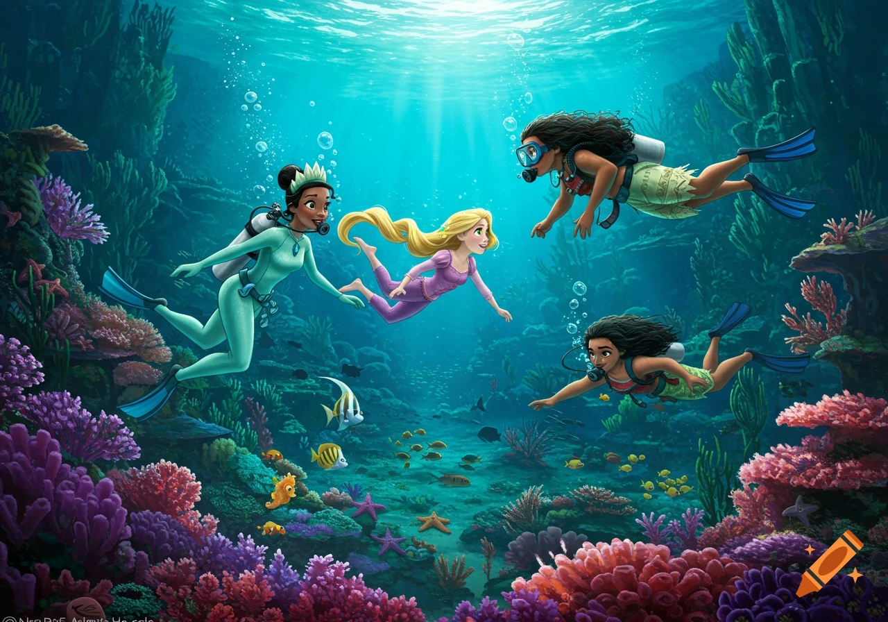 Tiana, Rapunzel, and Moana scuba diving among colorful coral and fish in clear blue water, animated style.