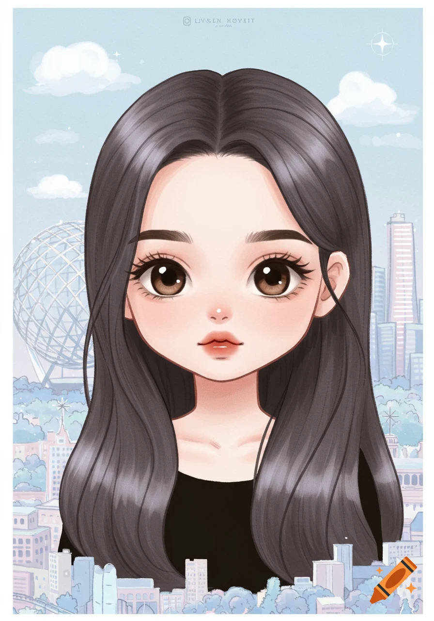 A kawaii cartoon girl with long dark hair and large brown eyes, wearing a black top, against a pastel cityscape with the Unisphere.