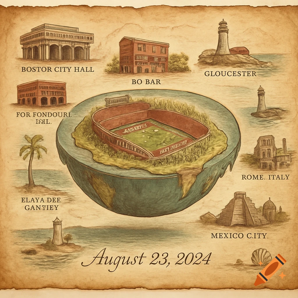 An illustrated map showing a globe with a football stadium, surrounded by various landmarks like Boston City Hall, a lighthouse in Gloucester, a building for Bo Bar, a palm tree, buildings in Rome, and a pyramid in Mexico City, all against a vintage paper background. The date August 23, 2024 is at the bottom.