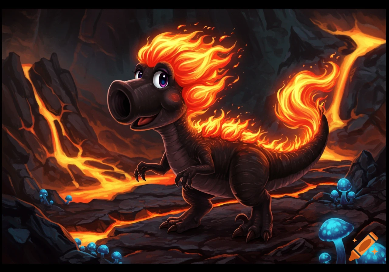 A cartoonish black raptor-like creature with fiery hair and tail stands in a volcanic landscape with lava and glowing blue mushrooms.