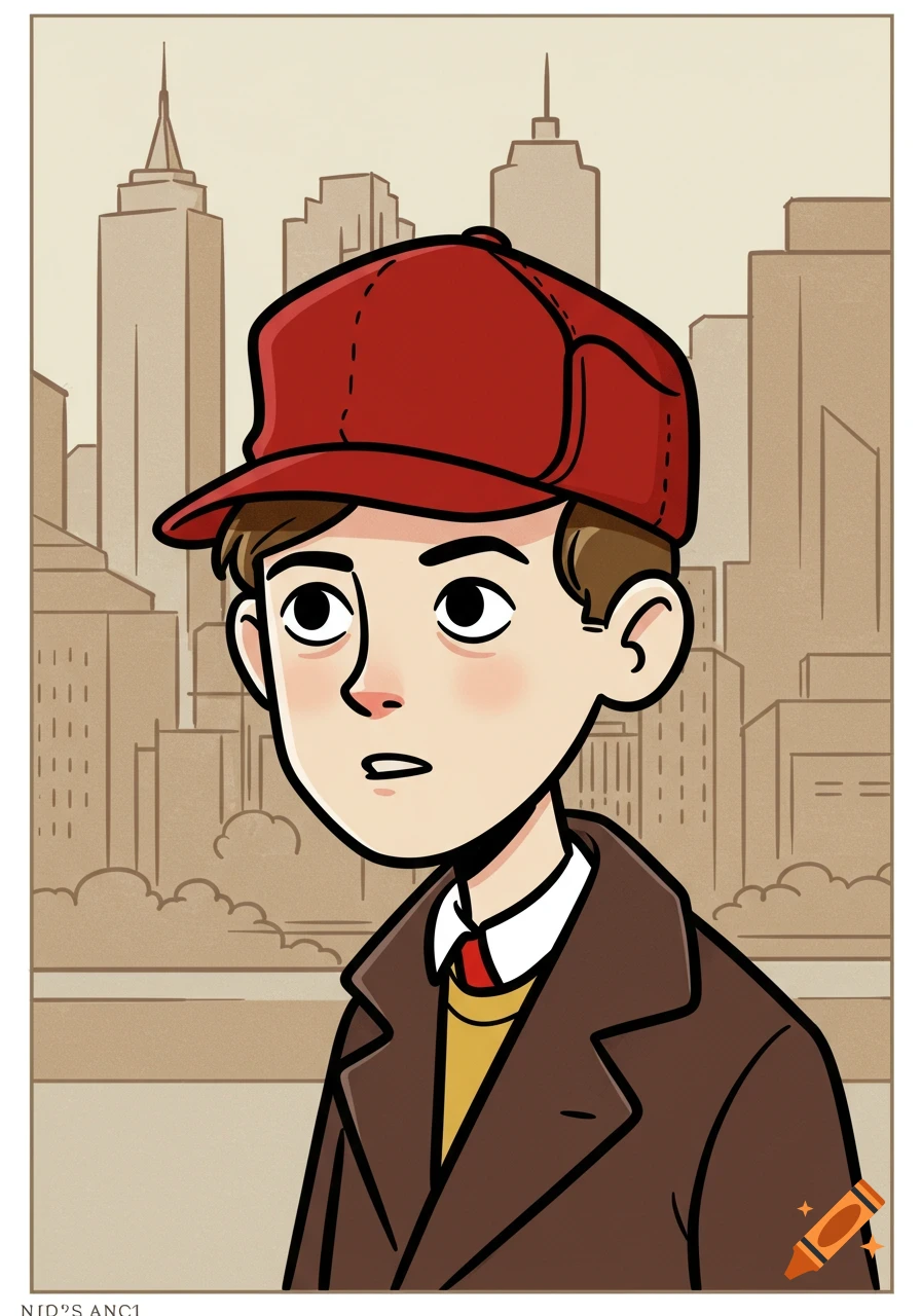 A simple cartoon drawing of a boy in a red baseball cap and brown coat looking right, with a city skyline in the background.