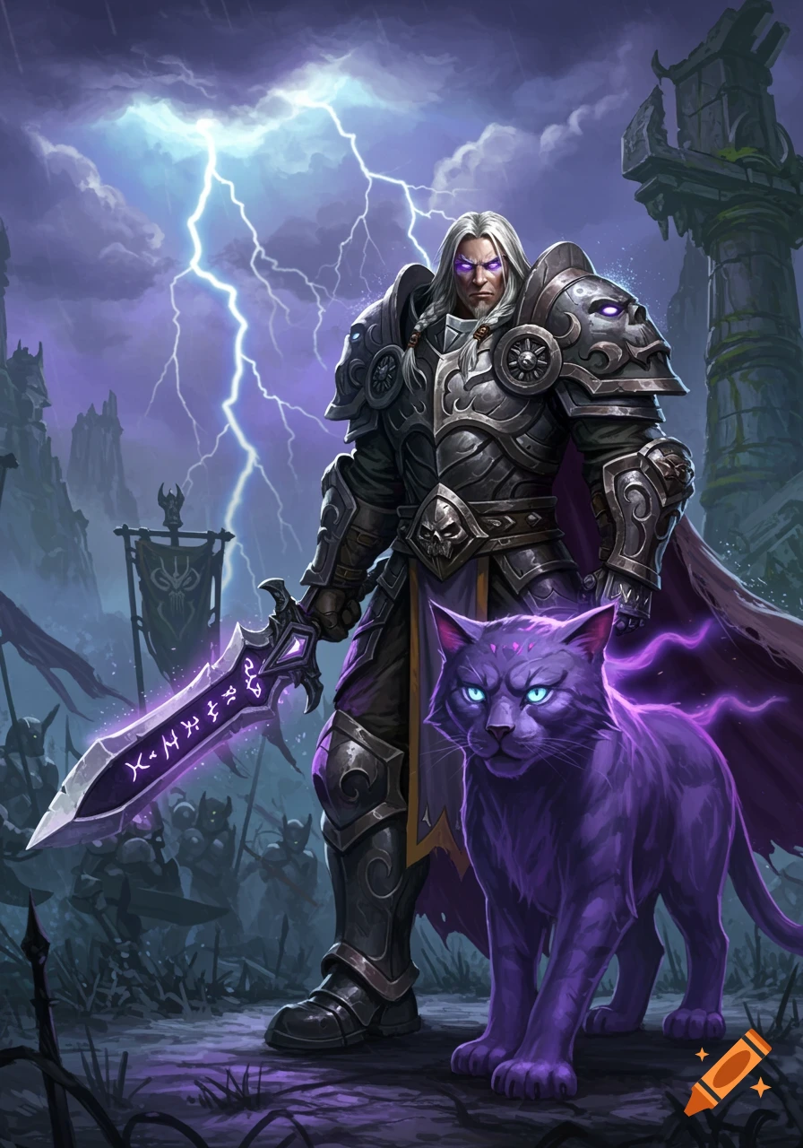 A warrior with white hair and glowing purple eyes wears ornate dark armor, holding a two-handed sword with glowing runes. A large purple cat with bright blue eyes stands next to him. Lightning strikes in the dark, stormy sky above ruined structures.