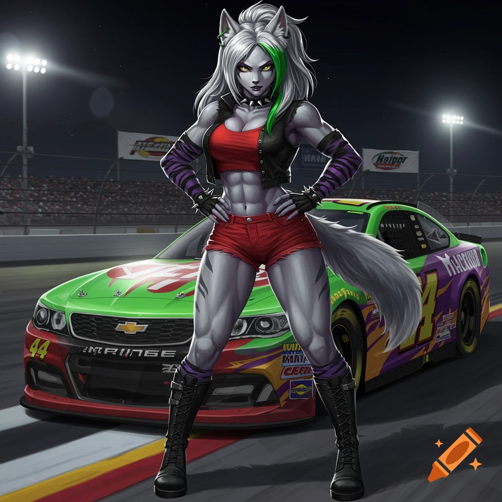 An anthropomorphic wolf woman with white hair and green streaks, wearing a crop top and shorts, stands confidently in front of a green and red NASCAR stock car on a race track at night.