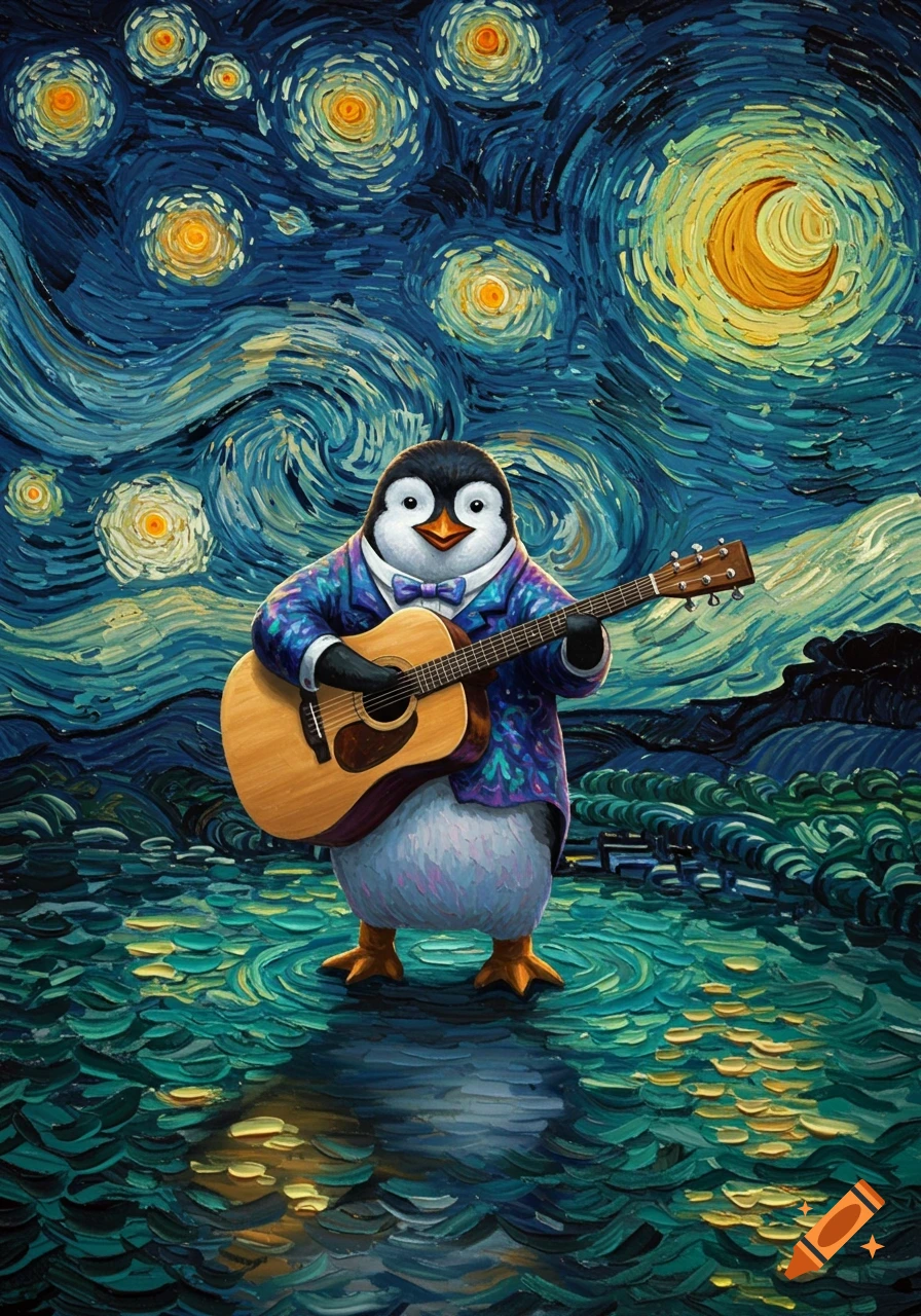 A cartoon penguin in a suit plays an acoustic guitar under a swirling, moonlit sky in Van Gogh's Starry Night style.