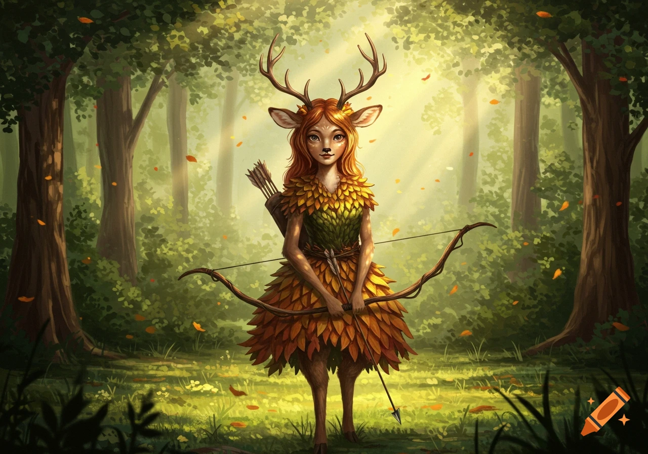 A deer-like girl with antlers and a dress made of leaves stands in a sunlit forest, holding a bow and arrows.