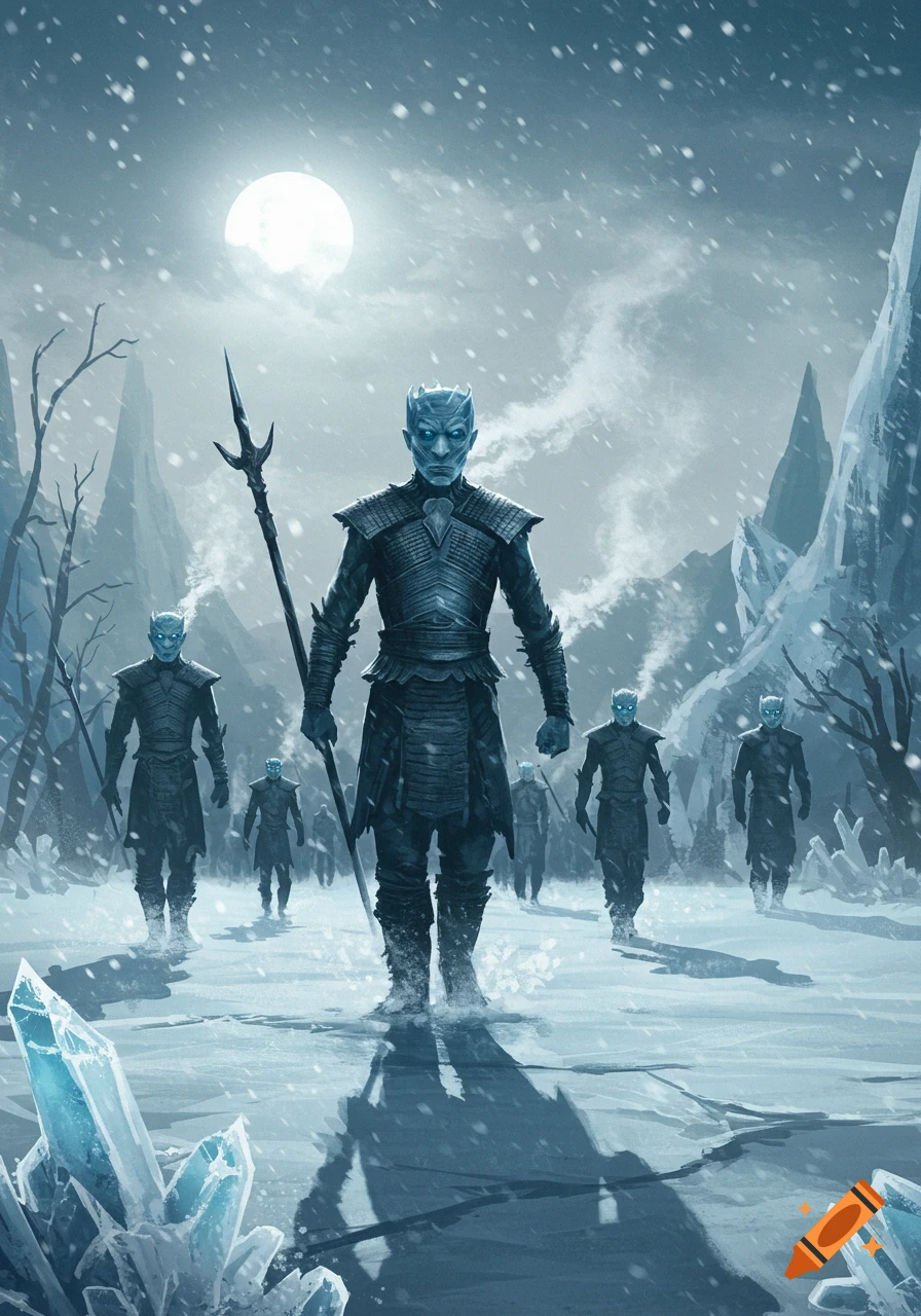 The Night King and White Walkers march through a snowy, icy landscape under a full moon, in a digital art style.