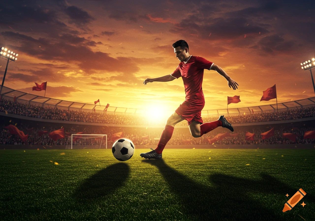 A soccer player in a red uniform prepares to kick a soccer ball on a green field in a stadium during sunset, photorealistic style.