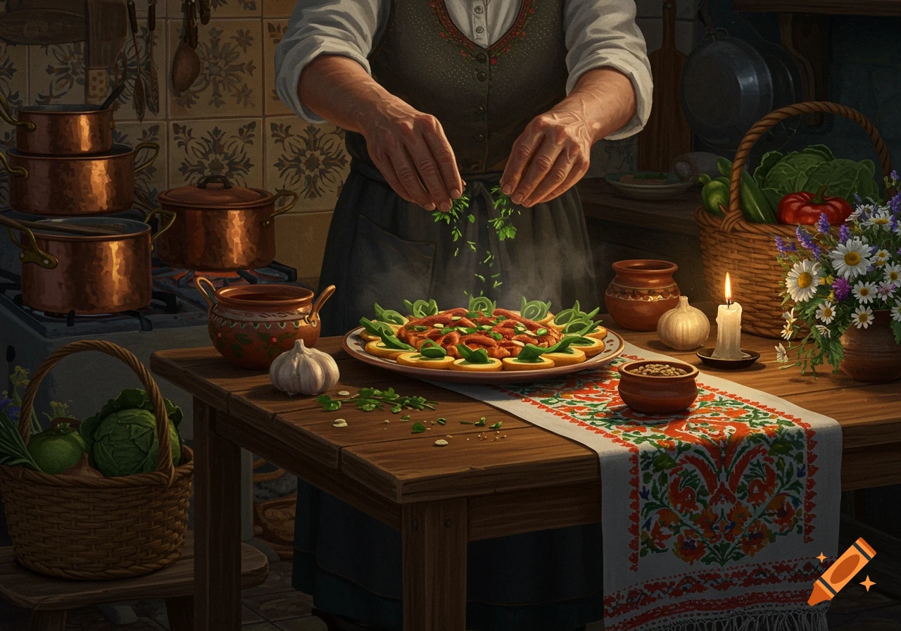 Close-up of a person's hands seasoning a dish in a rustic kitchen with copper pots, vegetables, and a lit candle.