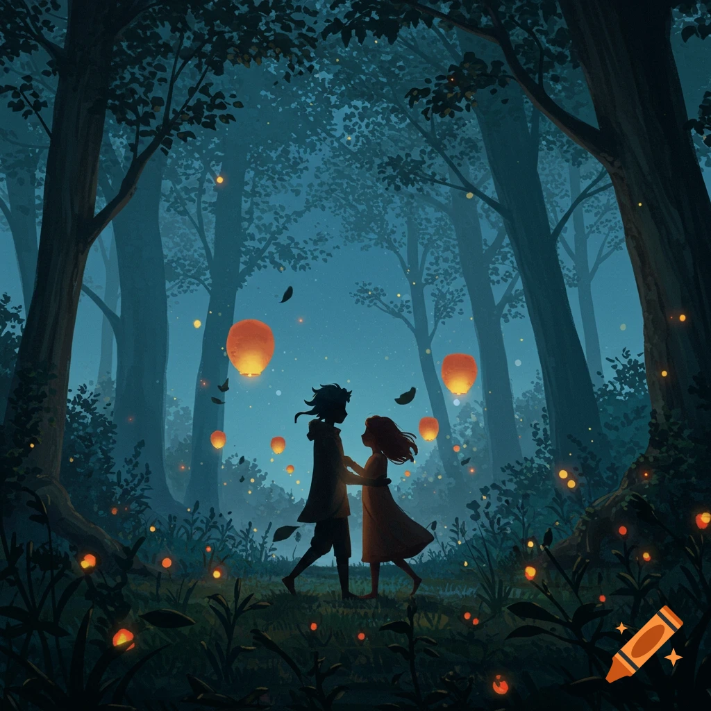 A stylized illustration of a couple holding hands in a dark, glowing forest at night with floating orange lanterns.
