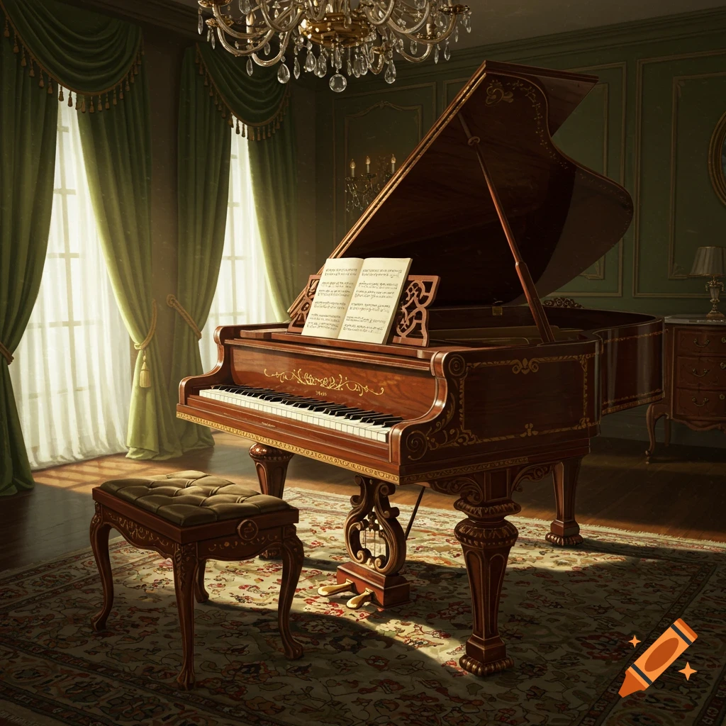 A grand antique wooden piano with sheet music on the stand sits in a sunlit opulent room with green curtains and a chandelier.