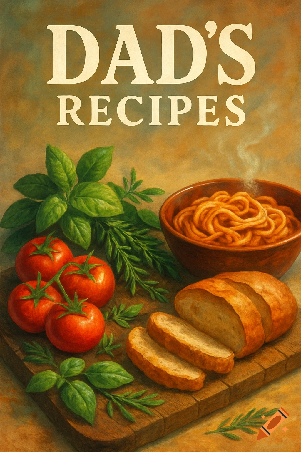 A still life of a cookbook cover titled 'DAD'S RECIPES' with a bowl of steaming spaghetti, fresh tomatoes, herbs, and sliced bread on a wooden board in a painterly style.