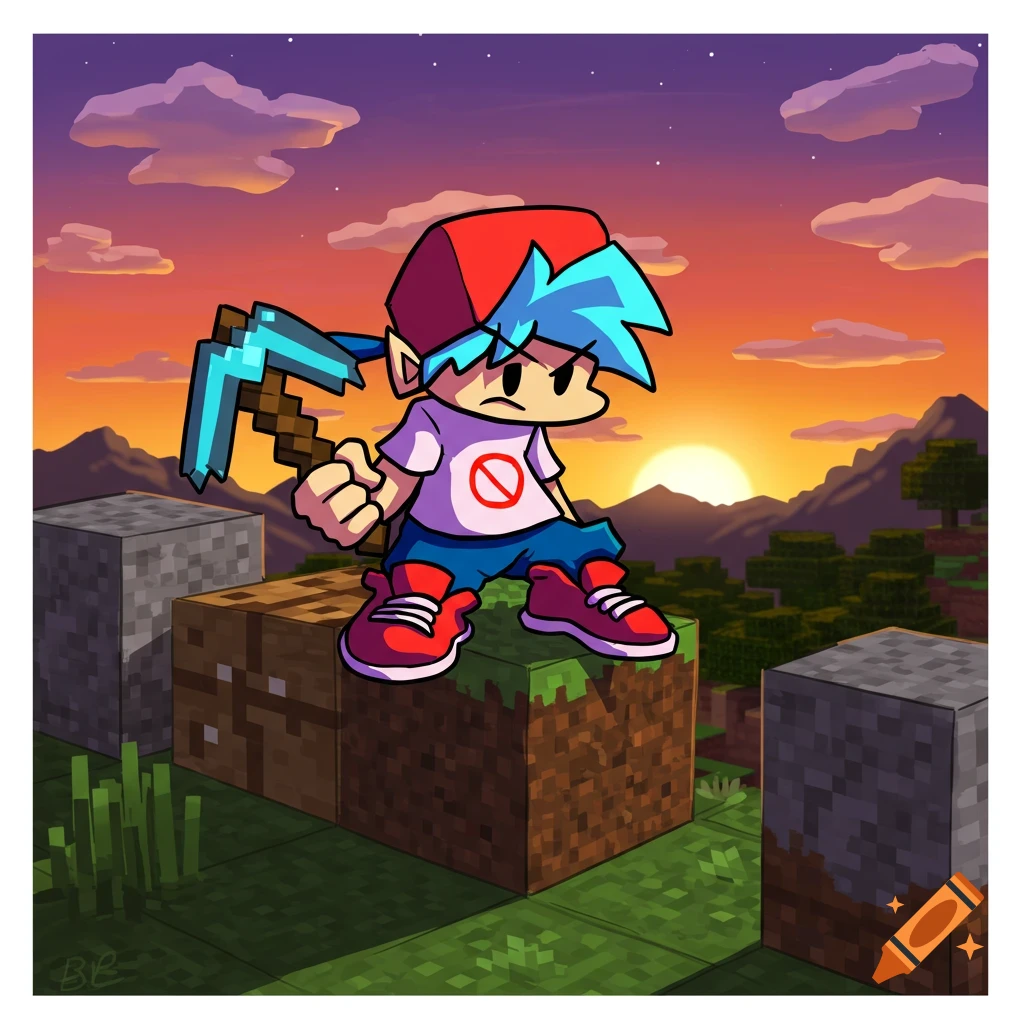 Cartoon FNF BF character holding a diamond pickaxe, standing on a Minecraft block in a pixelated sunset landscape.