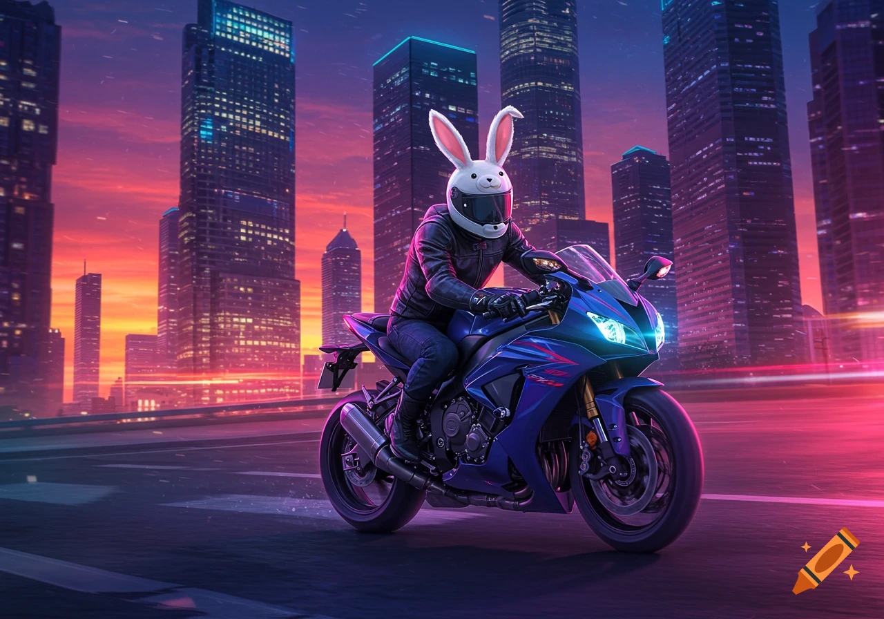 A person in a bunny helmet rides a blue sport motorcycle on a highway with a vibrant purple and orange city skyline at sunset.