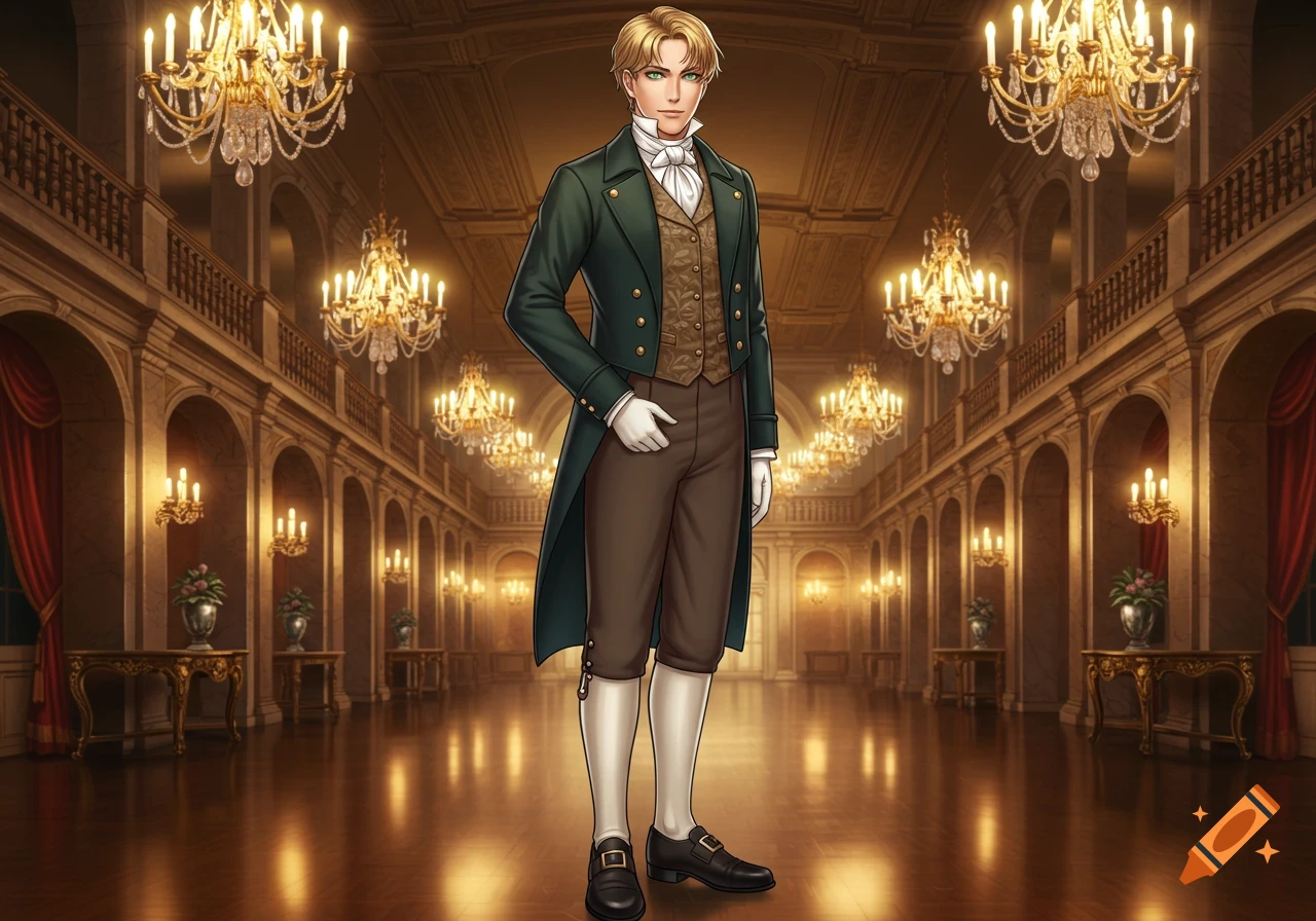 A dashing young blonde nobleman in a green frock coat and period attire stands in an ornate ballroom, in an anime style.