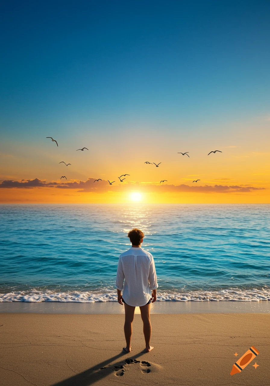A man stands on a sandy beach looking out at the ocean during a vibrant sunset with birds flying in the sky.