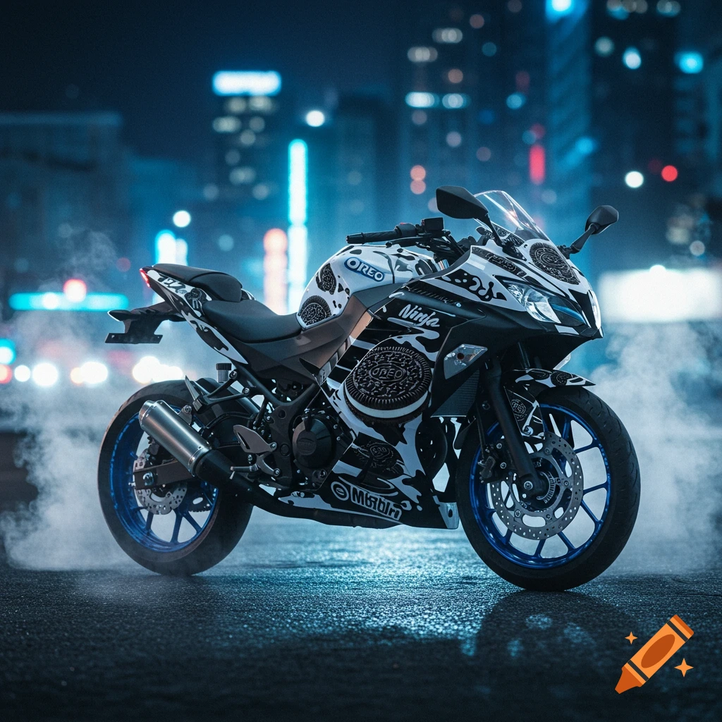 A custom Ninja 400 motorcycle with a black and white Oreo cookie-themed livery, parked on a wet street at night with blurry city lights in the background.