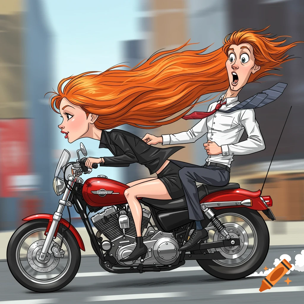 Cartoon of a red-haired woman on a red motorcycle with a surprised man clinging to her back, his tie flapping in the wind.