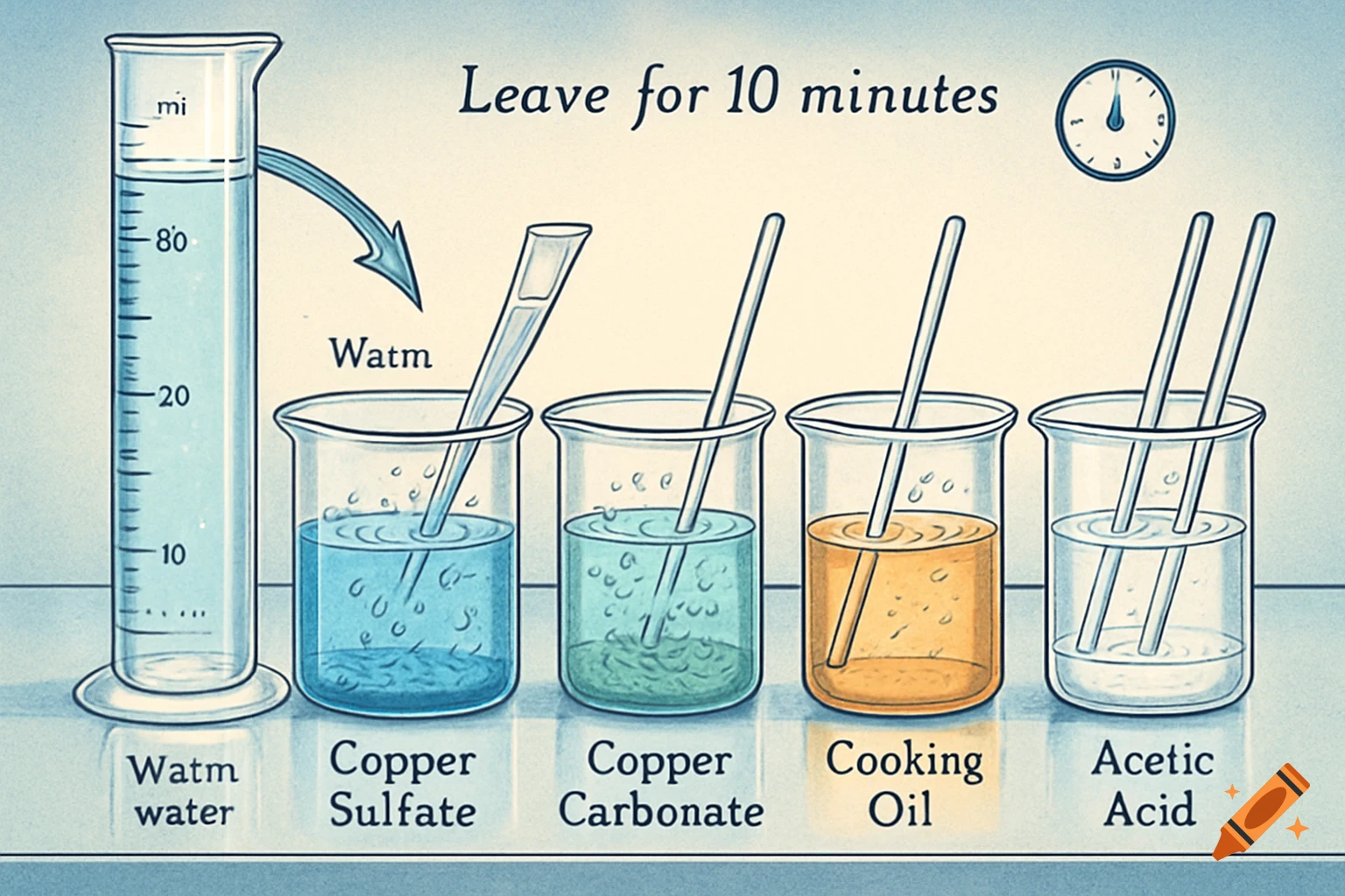 An illustration of a chemistry experiment with a measuring cylinder pouring liquid into five beakers labeled with different chemical substances. A clock indicates a 10-minute wait time.