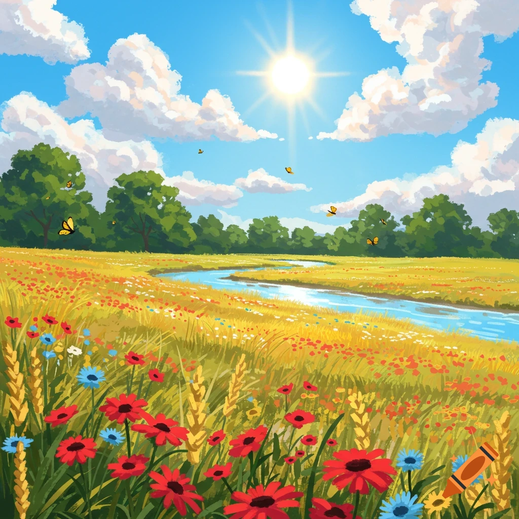 Bright, stylized summer landscape with a winding river through a field of yellow and red wildflowers under a sunny blue sky.