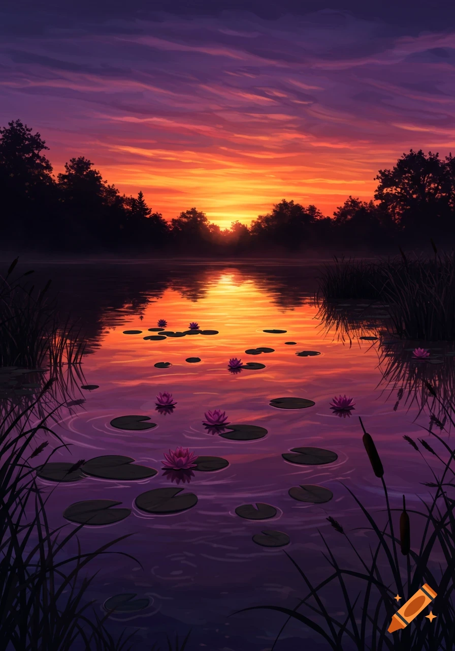 A vibrant sunset casts orange and purple reflections on a pond filled with pink water lilies and dark reeds, silhouetting trees against a dramatic sky.